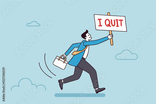 Quit full time job, resignation or end career, change job leaving company, employee termination, unemployment or burnout dissatisfaction exit layoff concept, businessman with stuff with quit job sign.