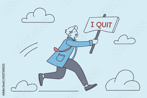 Quit full time job, resignation or end career, change job leaving company, employee termination, unemployment or burnout dissatisfaction exit layoff concept, businessman with stuff with quit job sign.