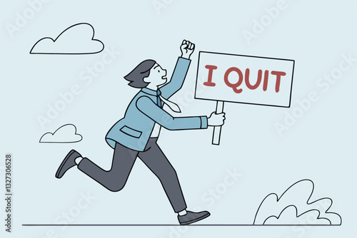 Quit full time job, resignation or end career, change job leaving company, employee termination, unemployment or burnout dissatisfaction exit layoff concept, businessman with stuff with quit job sign.