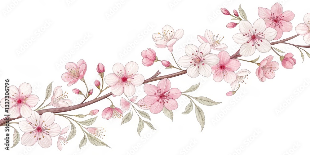 Fototapeta premium Pink Cherry Blossoms Branch, Watercolor Illustration, spring , floral