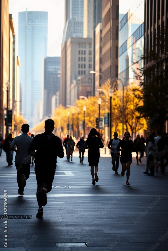 Obraz premium Dynamic City Street Scene with Silhouetted Runners During Golden Hour