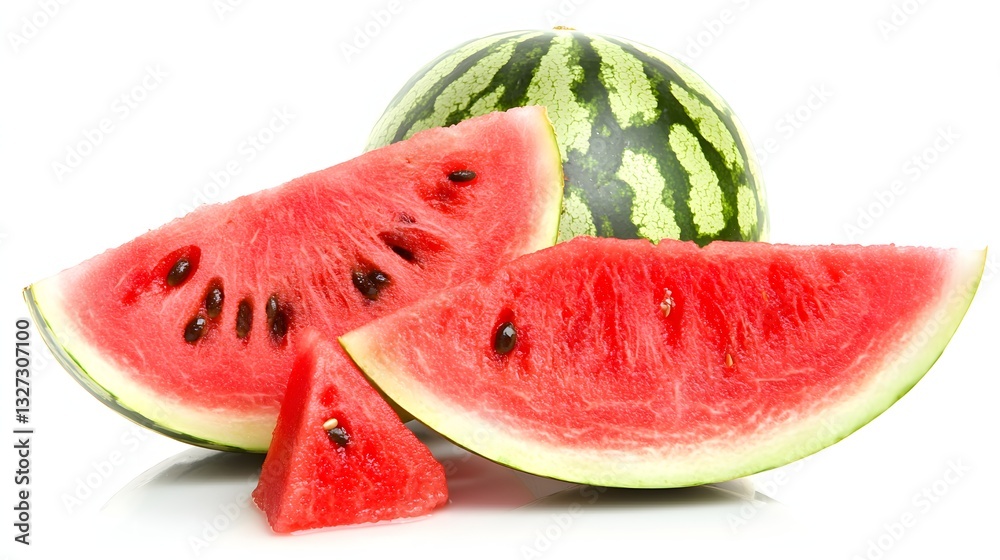 Freshly Sliced Watermelon Pieces on a White Background with Whole Fruit in Background Freshly Sliced Watermelon Pieces on a White Background with Whole Fruit in Background
