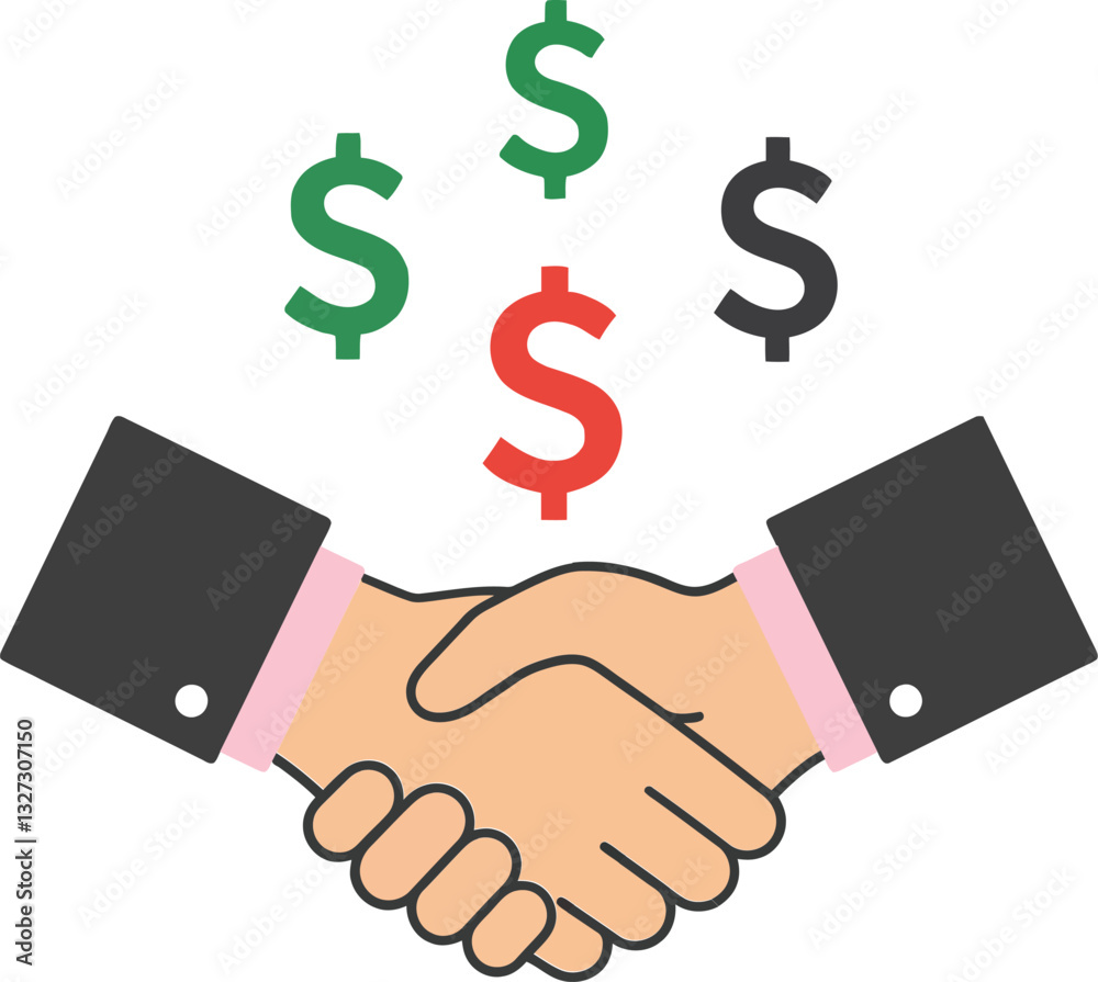 Handshake between two business partners in a minimal style with dollar signs representing success and agreement in vector art