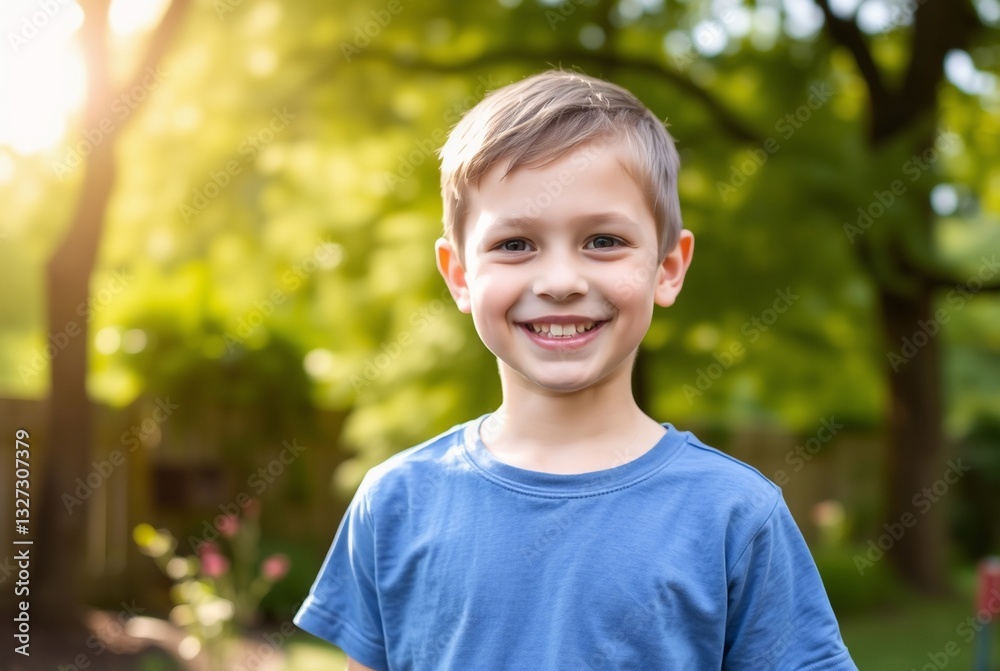 Happy Young Boy Smiling in a Sunlit Garden Happy Young Boy Smiling in a Sunlit Garden