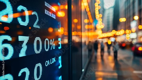 Close up view of a digital stock market ticker in a city setting at night