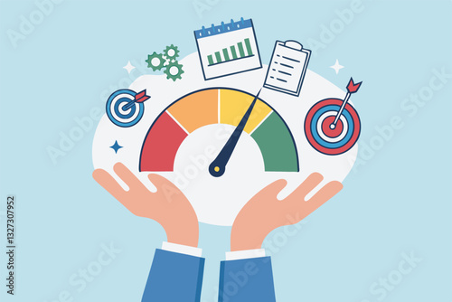 KPI key performance indicator, success benchmark or measuring goal achievement, metric or comparison standard, winning target dashboard concept, businessman hand with KPI performance gauge scale.