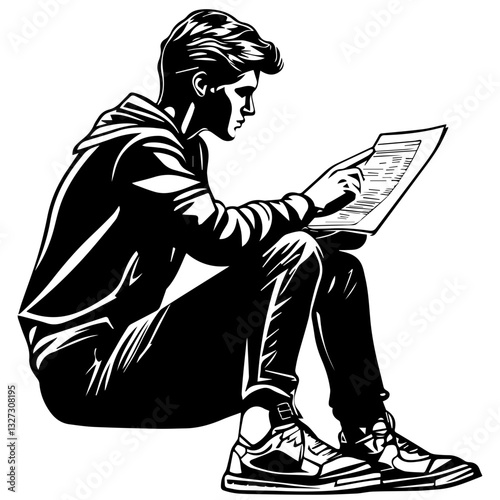 Silhouette of a person seated or standing with hands holding a financial document or report, pointing to specific numbers or figures on a paper or screen