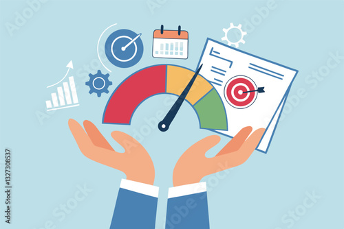 KPI key performance indicator, success benchmark or measuring goal achievement, metric or comparison standard, winning target dashboard concept, businessman hand with KPI performance gauge scale.