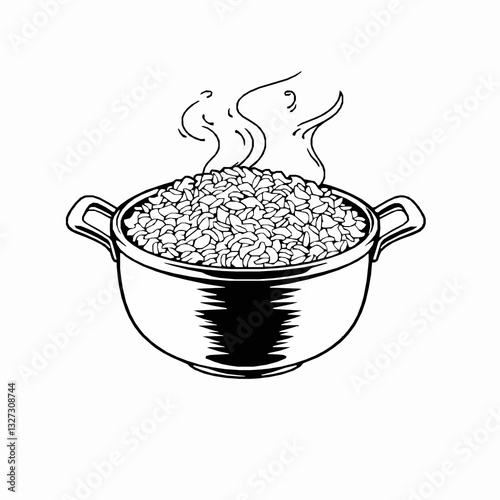 black outline vector of a steaming pot of jasmine rice, showcasing fragrant and traditional cooking
