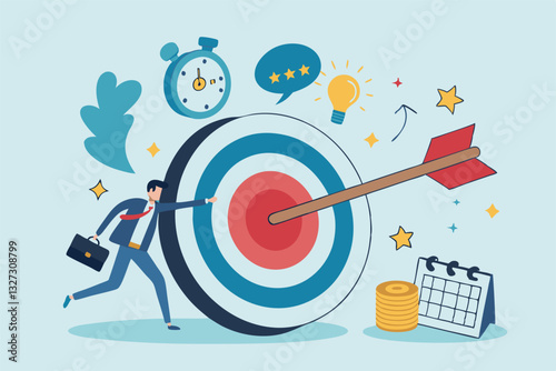 Goals setting, target achievement, focus on success outcome, planning to reach target bullseye, measurable result or clarity motivation concept, businessman with target bullseye and goal elements.
