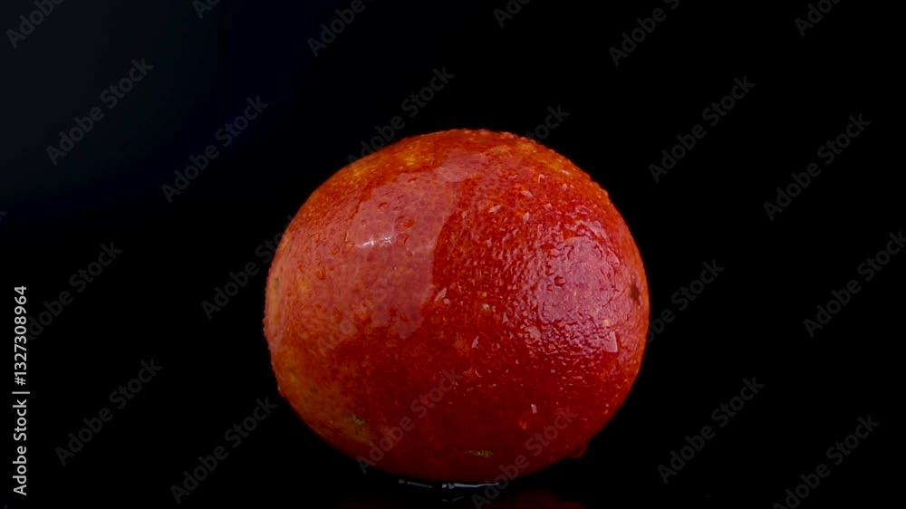 A fresh red Sicilian orange spinning 360 degrees on a black background, with water droplets dripping down its surface.