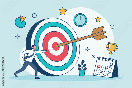 Goals setting, target achievement, focus on success outcome, planning to reach target bullseye, measurable result or clarity motivation concept, businessman with target bullseye and goal elements.