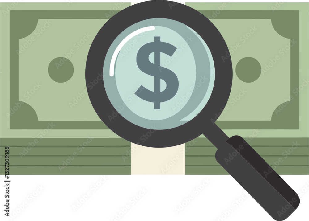 A magnifying glass examining a stack of dollar bills in a flat design style showcasing finance and scrutiny in vector illustration