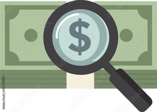 Obraz na płótnie A magnifying glass examining a stack of dollar bills in a flat design style showcasing finance and scrutiny in vector illustration w salonie