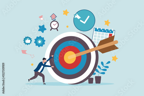 Goals setting, target achievement, focus on success outcome, planning to reach target bullseye, measurable result or clarity motivation concept, businessman with target bullseye and goal elements.