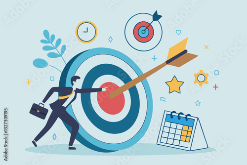 Goals setting, target achievement, focus on success outcome, planning to reach target bullseye, measurable result or clarity motivation concept, businessman with target bullseye and goal elements.