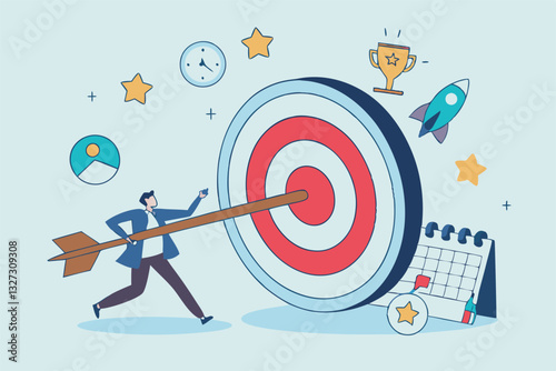 Goals setting, target achievement, focus on success outcome, planning to reach target bullseye, measurable result or clarity motivation concept, businessman with target bullseye and goal elements.