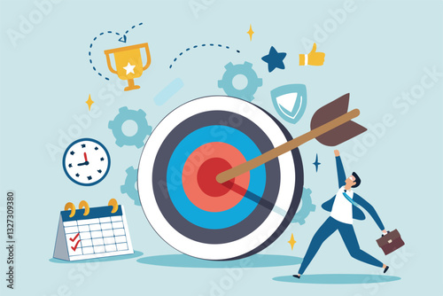 Goals setting, target achievement, focus on success outcome, planning to reach target bullseye, measurable result or clarity motivation concept, businessman with target bullseye and goal elements.