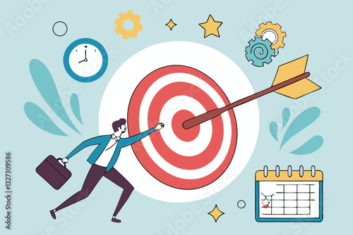 Goals setting, target achievement, focus on success outcome, planning to reach target bullseye, measurable result or clarity motivation concept, businessman with target bullseye and goal elements.