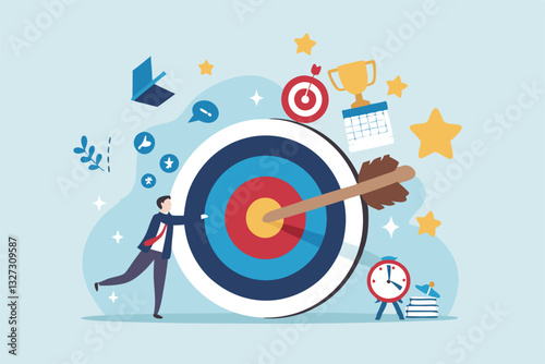 Goals setting, target achievement, focus on success outcome, planning to reach target bullseye, measurable result or clarity motivation concept, businessman with target bullseye and goal elements.