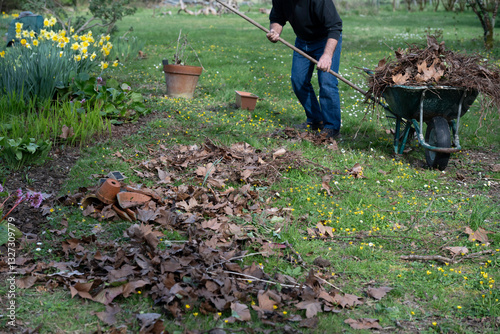 Gardeners cleaning fallen leaves in the garden in sunny spring day, High quality photo