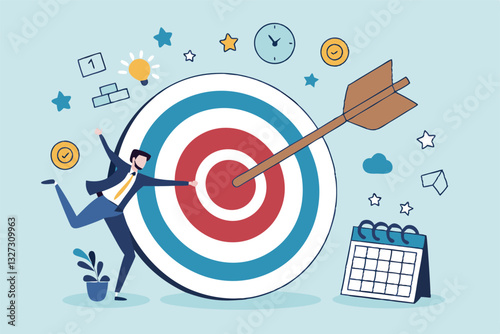 Goals setting, target achievement, focus on success outcome, planning to reach target bullseye, measurable result or clarity motivation concept, businessman with target bullseye and goal elements.