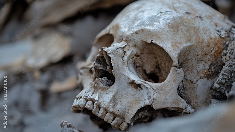 Close up view of human skull resting on debris showcasing unique textures and ancient history : Generative AI Close up view of human skull resting on debris showcasing unique textures and ancient history : Generative AI