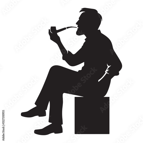 Philosophical Old Man Smoking a Pipe silhouette, pondering life’s mysteries - Old Man illustration - Minimalist Old Man vector - Deep thinker
