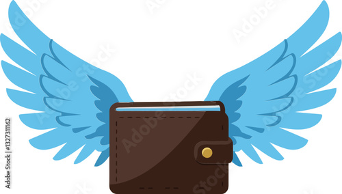 Brown wallet with blue wings in a flat design style symbolizing freedom and financial success in vector art