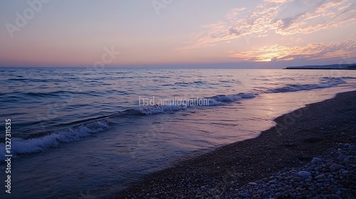 Stunning sunset over a tranquil sea with gentle waves lapping at a pebbly beach : Generative AI
