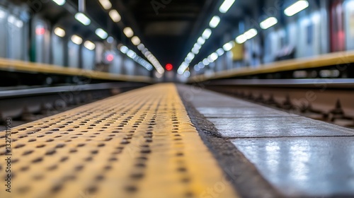 Underside perspective of a train platform with distinct yellow tactile paving at a busy station : Generative AI photo