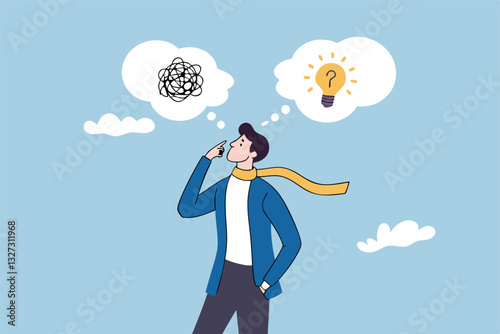 Problem solving, solution or strategic thinking, creativity to solve frustrated problem, contemplation on messy issue, opportunity discovery, businessman thinking with mess problem and lightbulb idea.