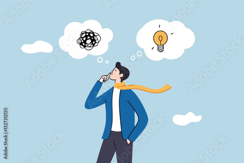 Problem solving, solution or strategic thinking, creativity to solve frustrated problem, contemplation on messy issue, opportunity discovery, businessman thinking with mess problem and lightbulb idea.