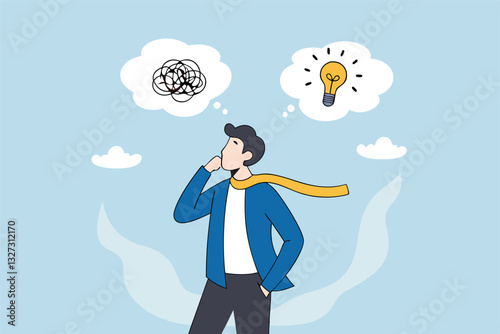 Problem solving, solution or strategic thinking, creativity to solve frustrated problem, contemplation on messy issue, opportunity discovery, businessman thinking with mess problem and lightbulb idea.