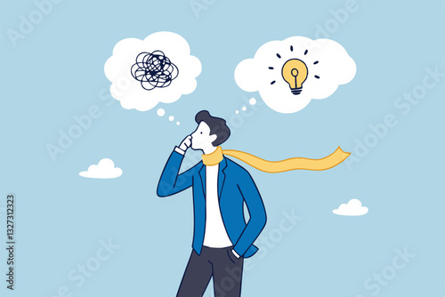 Problem solving, solution or strategic thinking, creativity to solve frustrated problem, contemplation on messy issue, opportunity discovery, businessman thinking with mess problem and lightbulb idea.