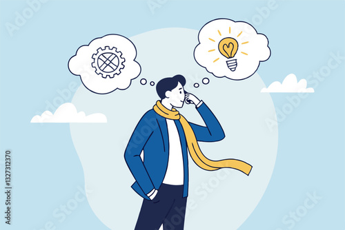 Problem solving, solution or strategic thinking, creativity to solve frustrated problem, contemplation on messy issue, opportunity discovery, businessman thinking with mess problem and lightbulb idea.