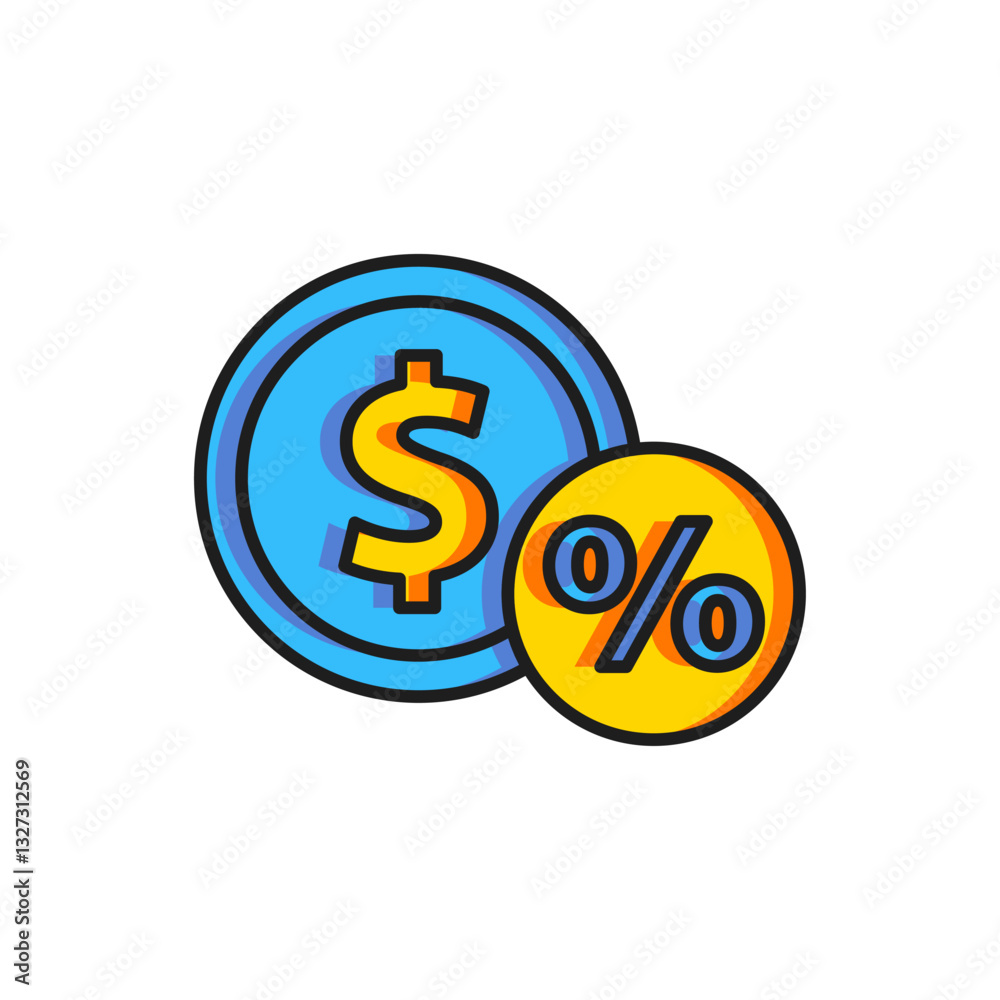 Color Money coin with percent icon isolated on white background. Cash Banking currency sign. Flat filled outline style with shadow. Vector Color Money coin with percent icon isolated on white background. Cash Banking currency sign. Flat filled outline style with shadow. Vector
