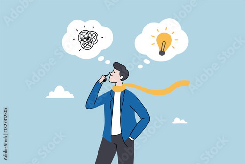 Problem solving, solution or strategic thinking, creativity to solve frustrated problem, contemplation on messy issue, opportunity discovery, businessman thinking with mess problem and lightbulb idea.