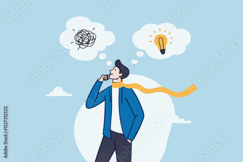 Problem solving, solution or strategic thinking, creativity to solve frustrated problem, contemplation on messy issue, opportunity discovery, businessman thinking with mess problem and lightbulb idea.