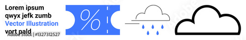 Blue discount coupon, outlined rain cloud with droplets and bold-line cloud. Ideal for shopping, offers, weather, sales, forecasting, abstract symbols digital concepts. Abstract line flat metaphor