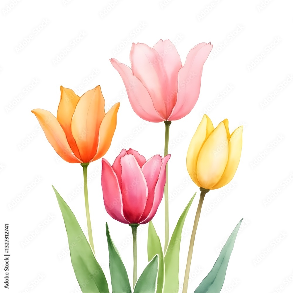 Set of blooming tulip flowers Botanical Garden Flora Spring Bloom Natural Plant Romantic Blossom Watercolor illustration Set of blooming tulip flowers Botanical Garden Flora Spring Bloom Natural Plant Romantic Blossom Watercolor illustration