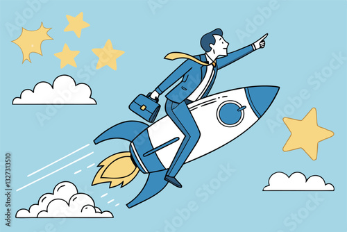 Success achievement, boost growth development to reach target, leadership to win business challenge, startup, entrepreneur or ambition to win, businessman riding fast rocket to reach success star.