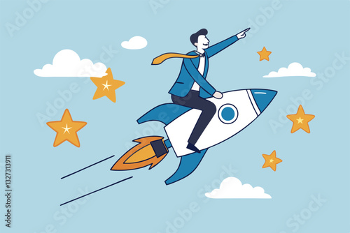 Success achievement, boost growth development to reach target, leadership to win business challenge, startup, entrepreneur or ambition to win, businessman riding fast rocket to reach success star.