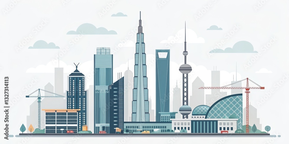Obraz premium Minimalist Shanghai Skyline Illustration, urban , cityscape