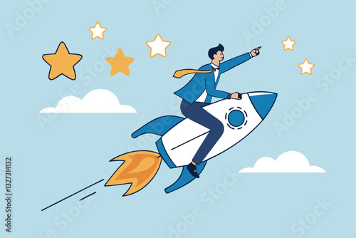 Success achievement, boost growth development to reach target, leadership to win business challenge, startup, entrepreneur or ambition to win, businessman riding fast rocket to reach success star.