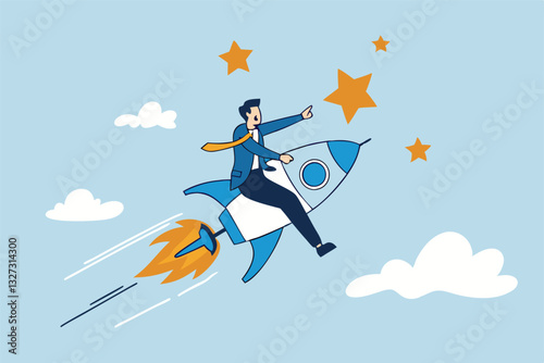 Success achievement, boost growth development to reach target, leadership to win business challenge, startup, entrepreneur or ambition to win, businessman riding fast rocket to reach success star.
