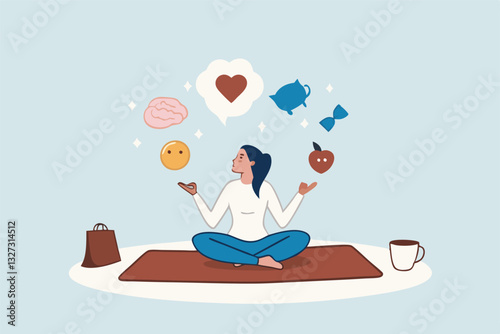 Wellness, lifestyle wellbeing, relaxation to balance happiness, mindfulness mental health, vitality or zen-like health nutrition, meditation concept, calmness woman meditate health wellness elements.