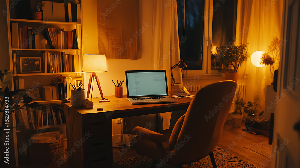 Fototapeta premium A computer desk with a laptop and a chair