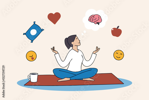 Wellness, lifestyle wellbeing, relaxation to balance happiness, mindfulness mental health, vitality or zen-like health nutrition, meditation concept, calmness woman meditate health wellness elements.