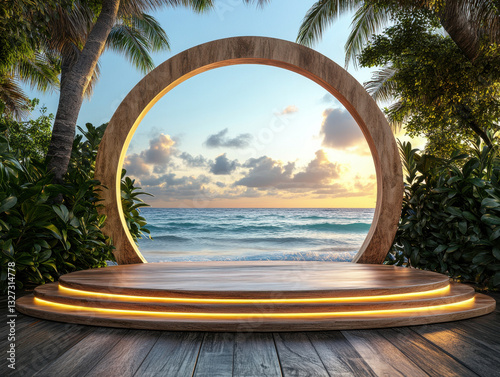 Minimalist beauty product podium showcase serene wooden podium with glowing lights set against tropical beach sunset, framed by lush greenery and circular arch